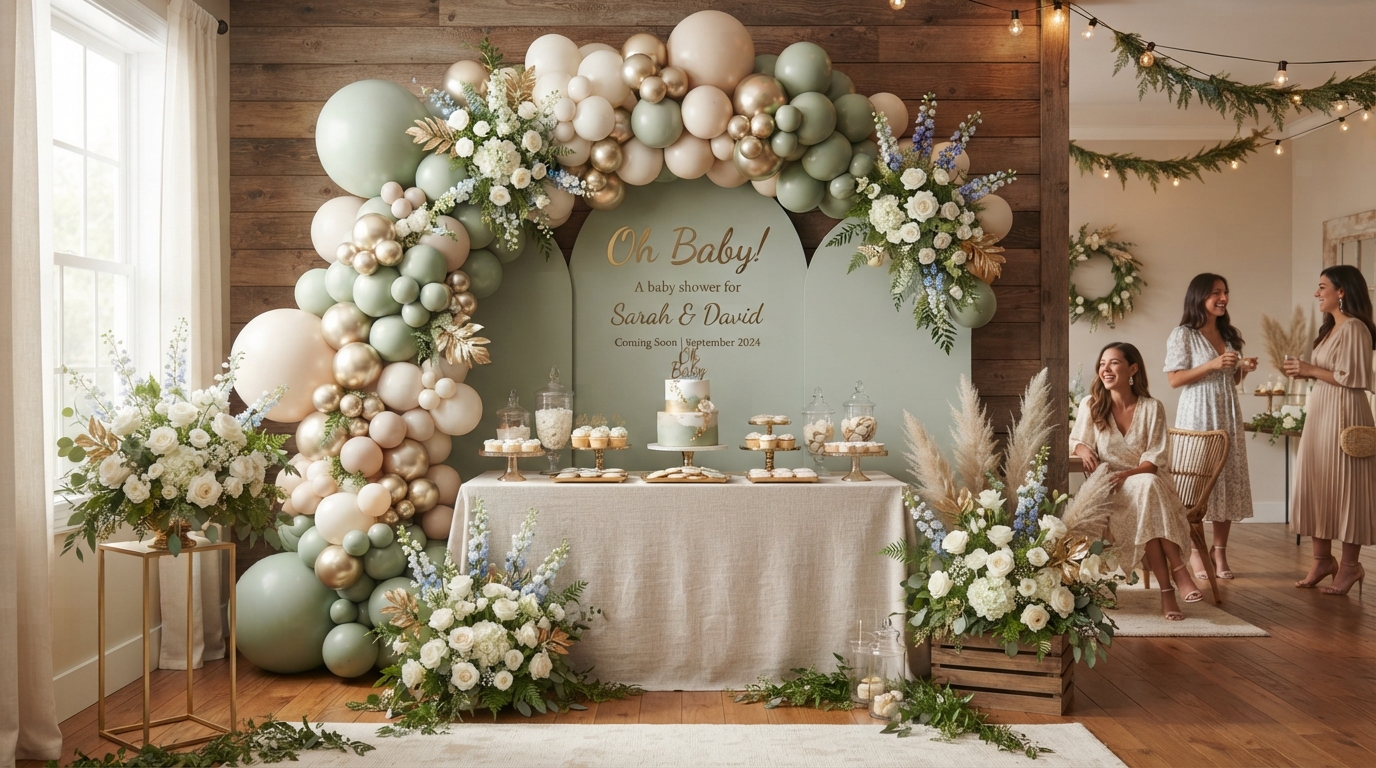 Organic sage green baby shower setup