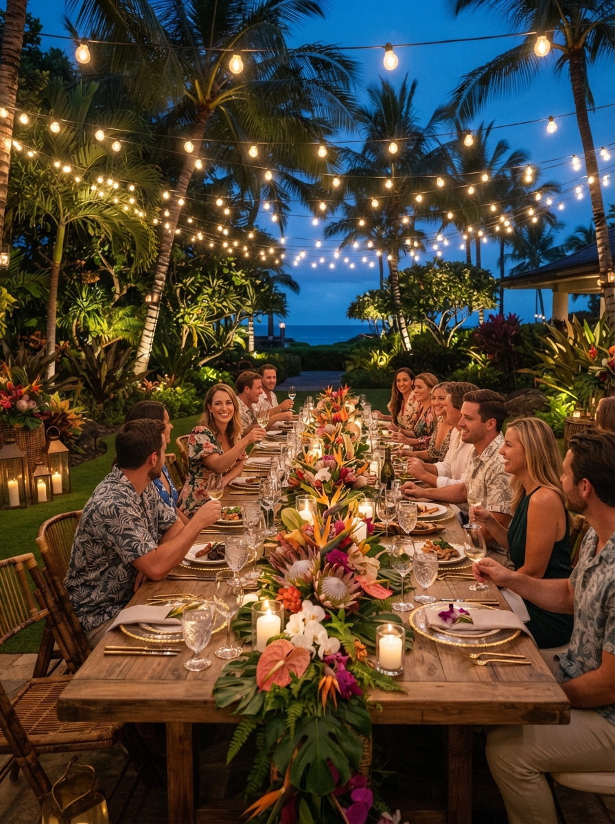 Elegant outdoor birthday dinner under string lights