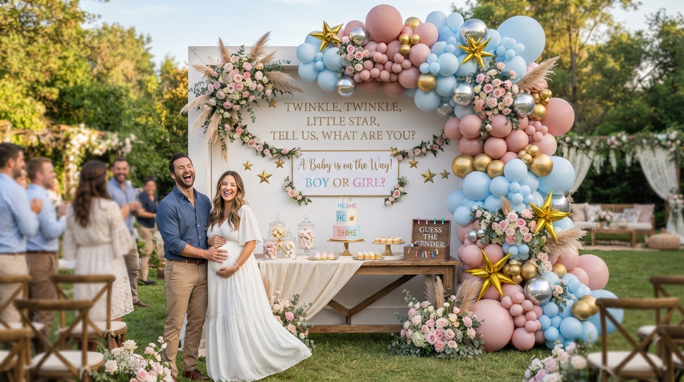 Joyful gender reveal celebration with pastel decor