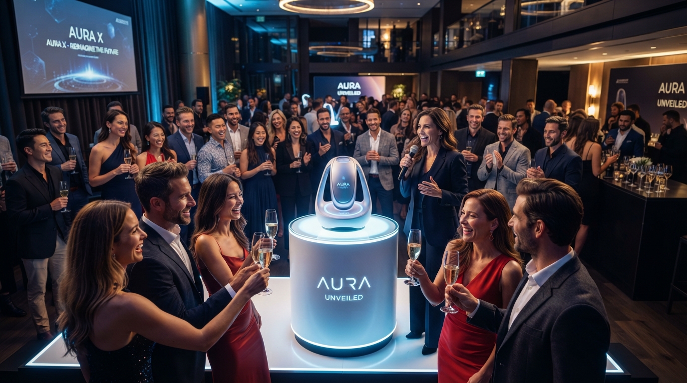 Modern product unveiling event with guests around illuminated pedestal display