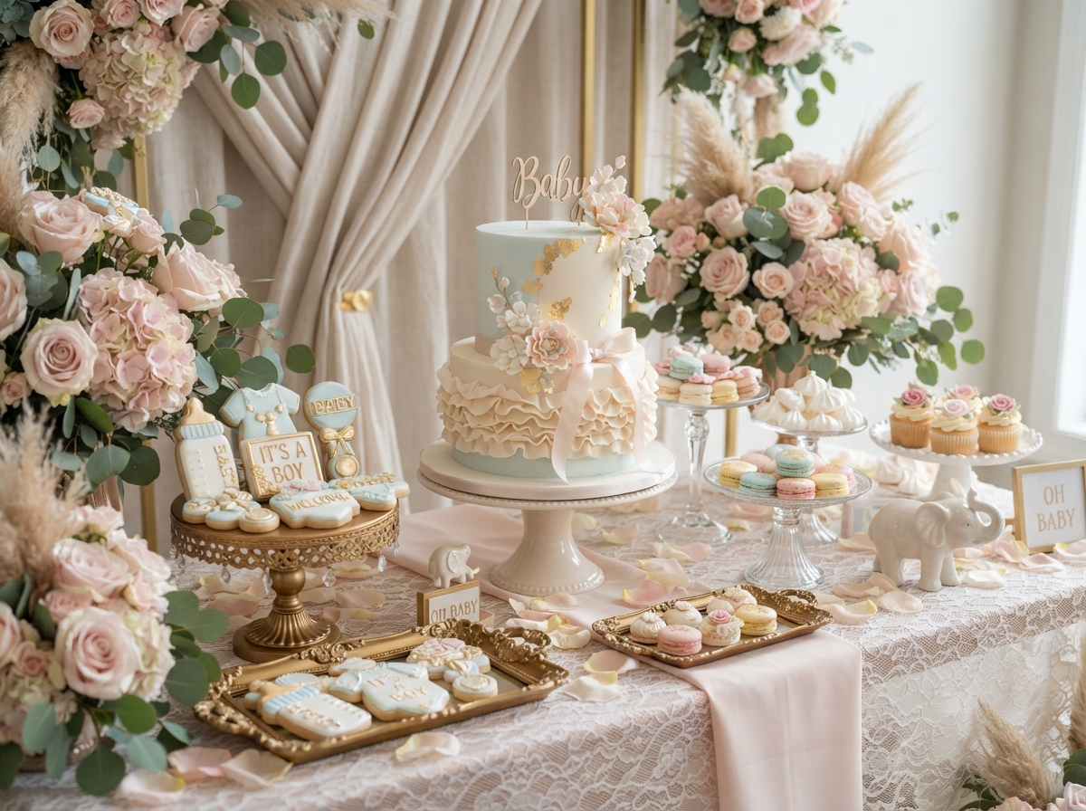 Luxury baby shower dessert table with pastel styling