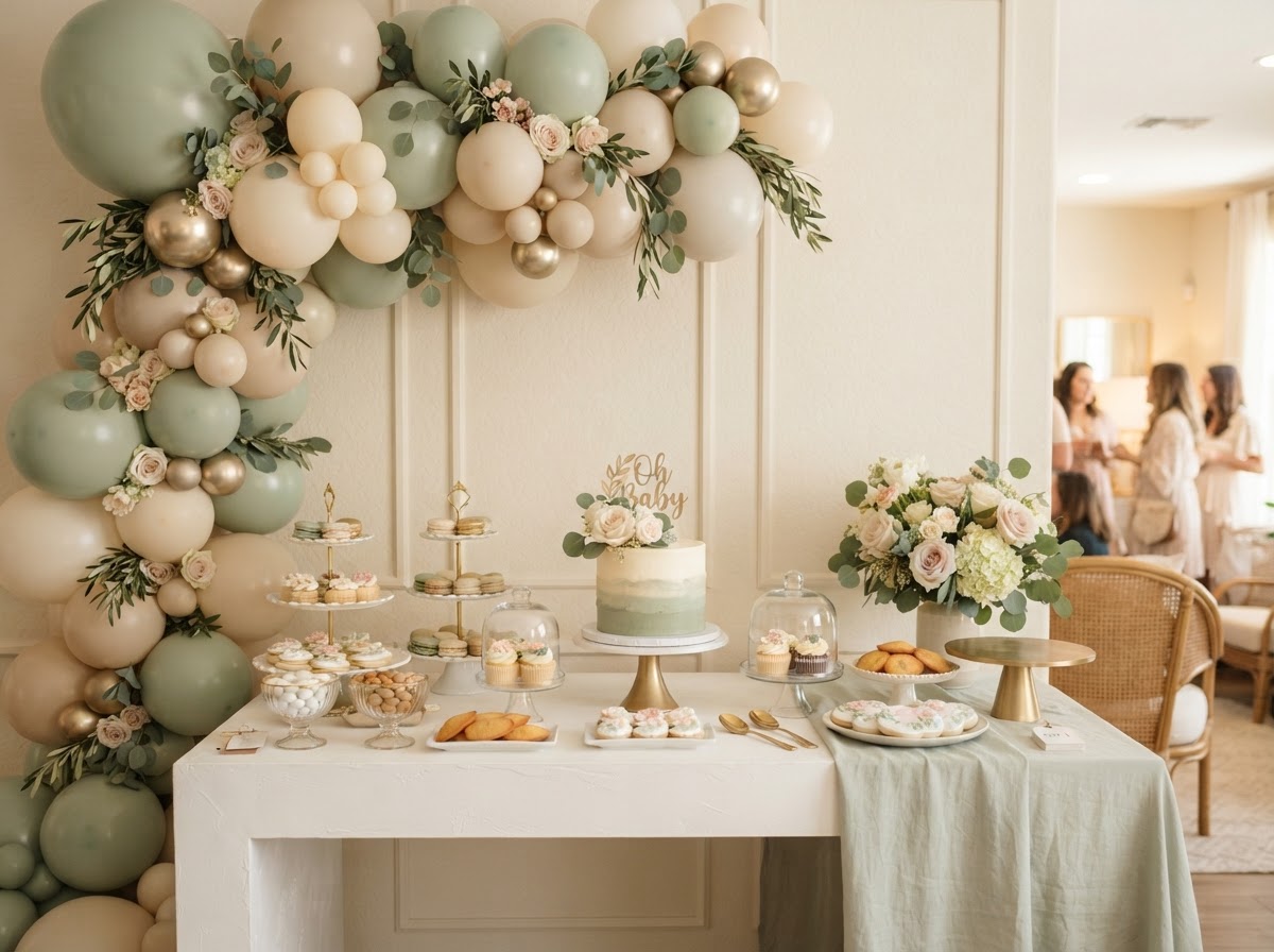 Baby shower balloon installation with moon centerpiece and natural textures
