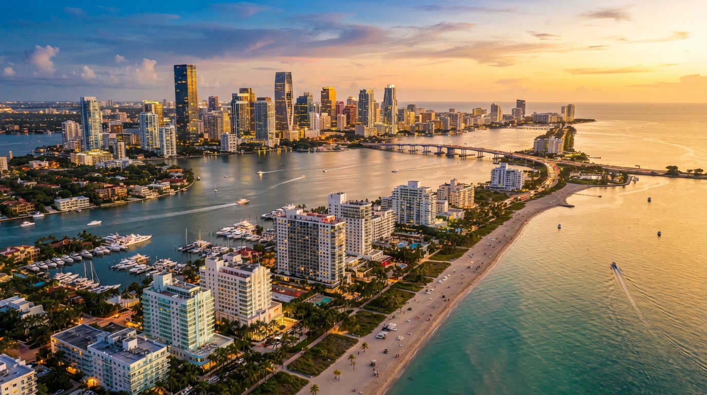 South Florida Miami coastline at golden hour, Luxury Group FF Corp service area