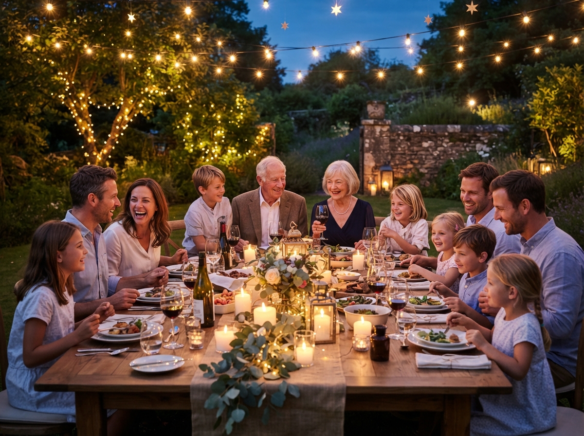 Multi-generational family sitting together at a warm dinner table with floral arrangements