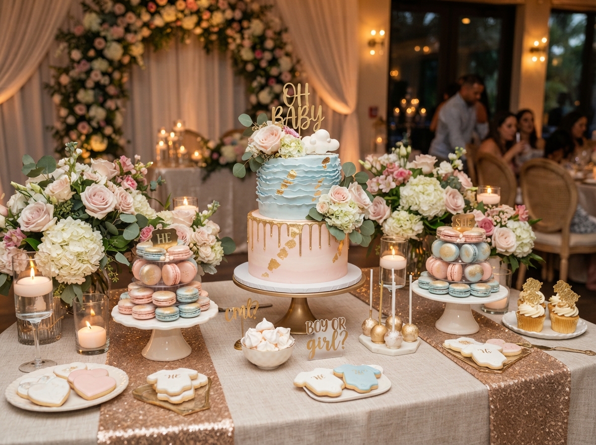 Luxury gender reveal setup with pastel balloon garland and elegant backdrop by Luxury Group FF Corp