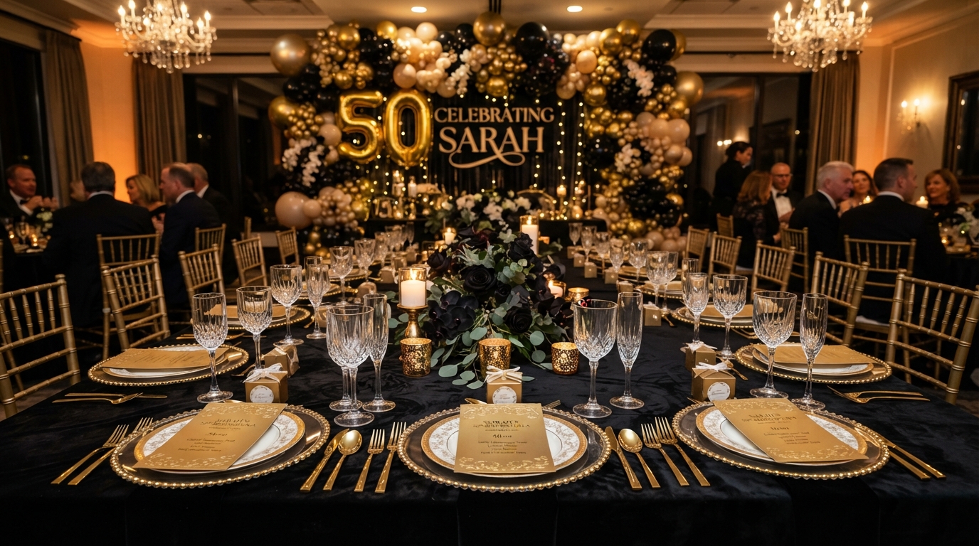 Black and gold birthday installation with illuminated marquee number