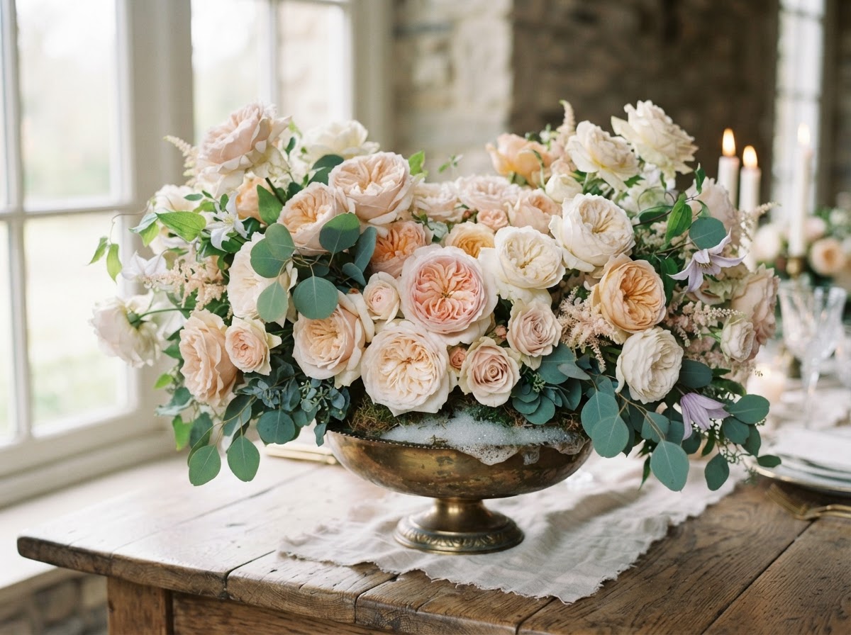 Lush centerpiece of garden roses in blush and ivory tones with eucalyptus greenery in a low compote dish