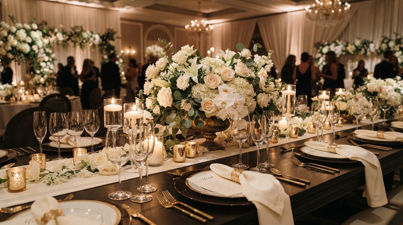 Dramatic black and gold luxury event installation by Luxury Group FF Corp