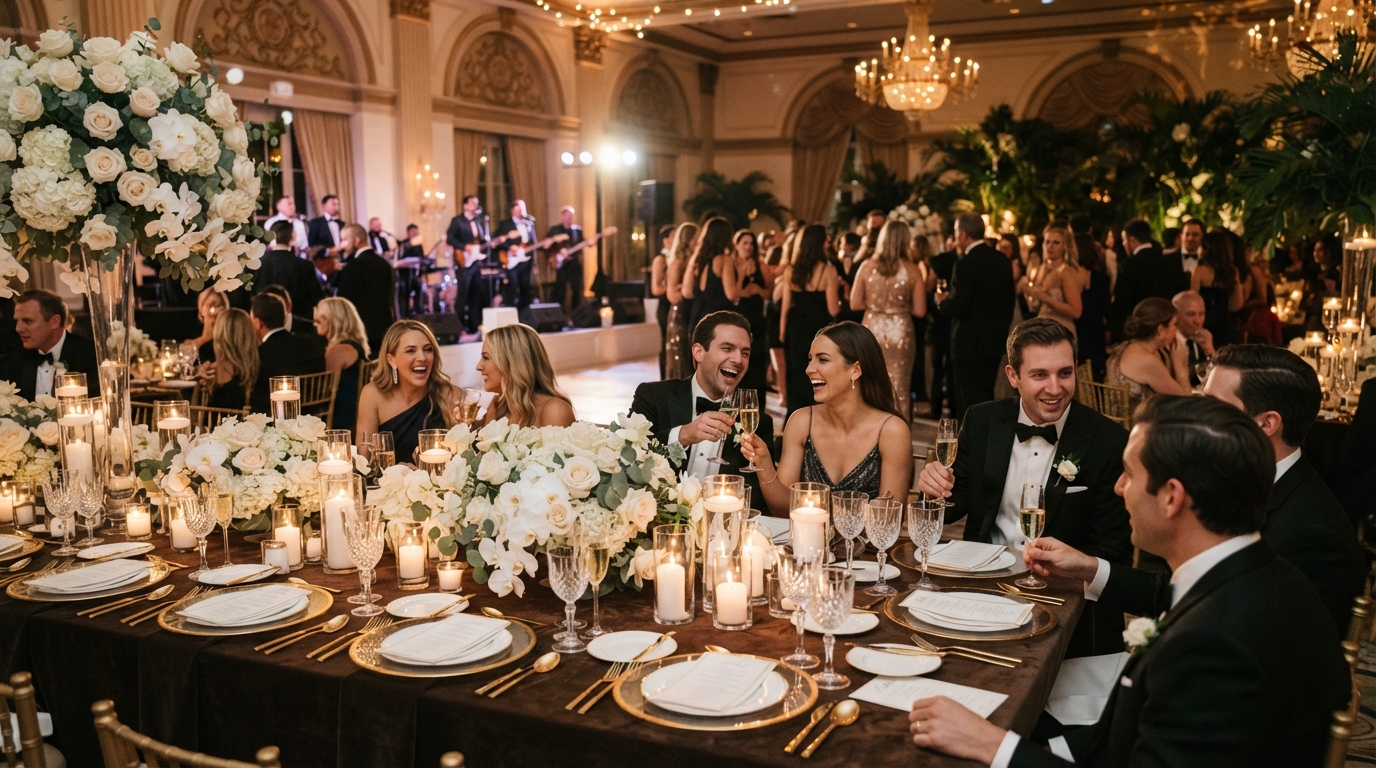 Elegant luxury event table setting with gold and ivory decor by Luxury Group FF Corp