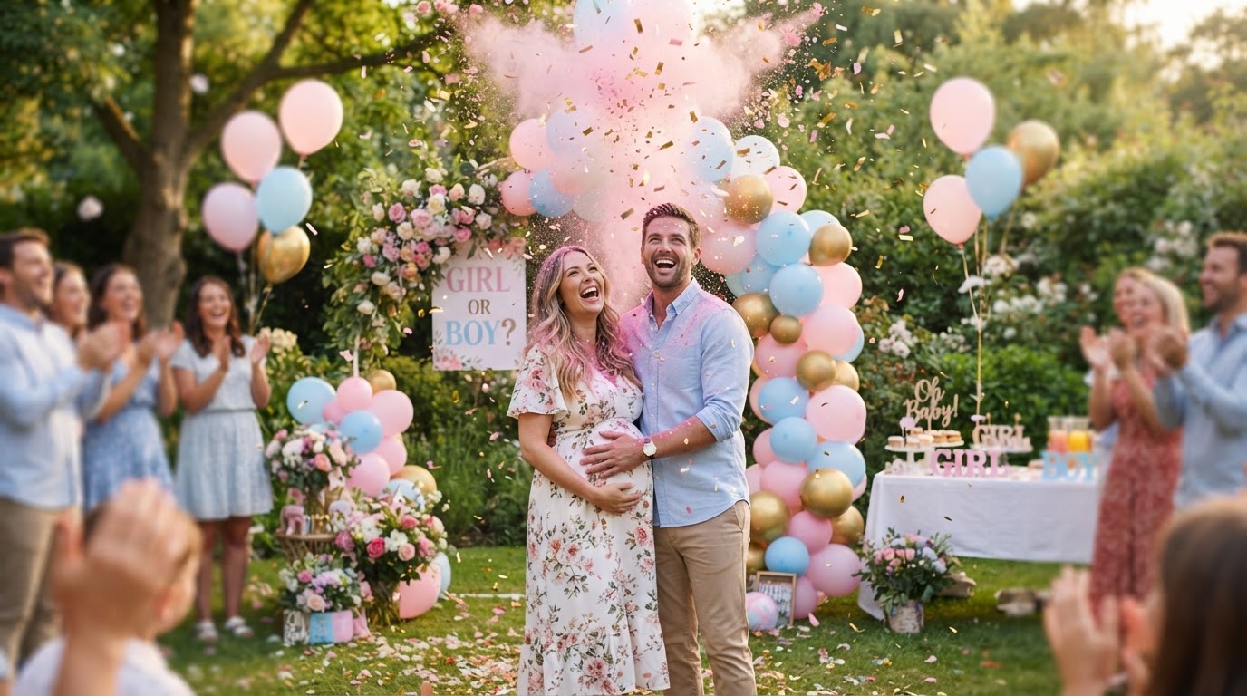 Couples celebrating at an outdoor gender reveal party surrounded by pastel balloons