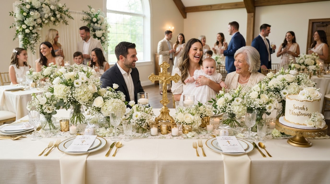 Soft white and gold baptism celebration