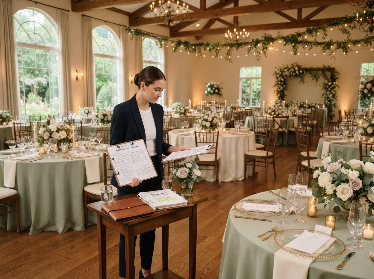 Luxury event coordinator reviewing a detailed timeline and vendor schedule before a reception