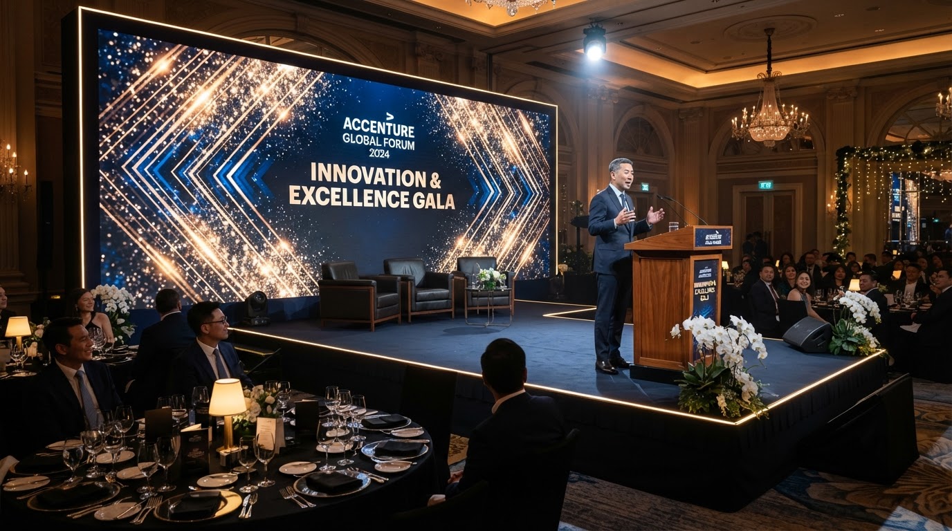 High-end corporate gala stage with illuminated backdrop and podium