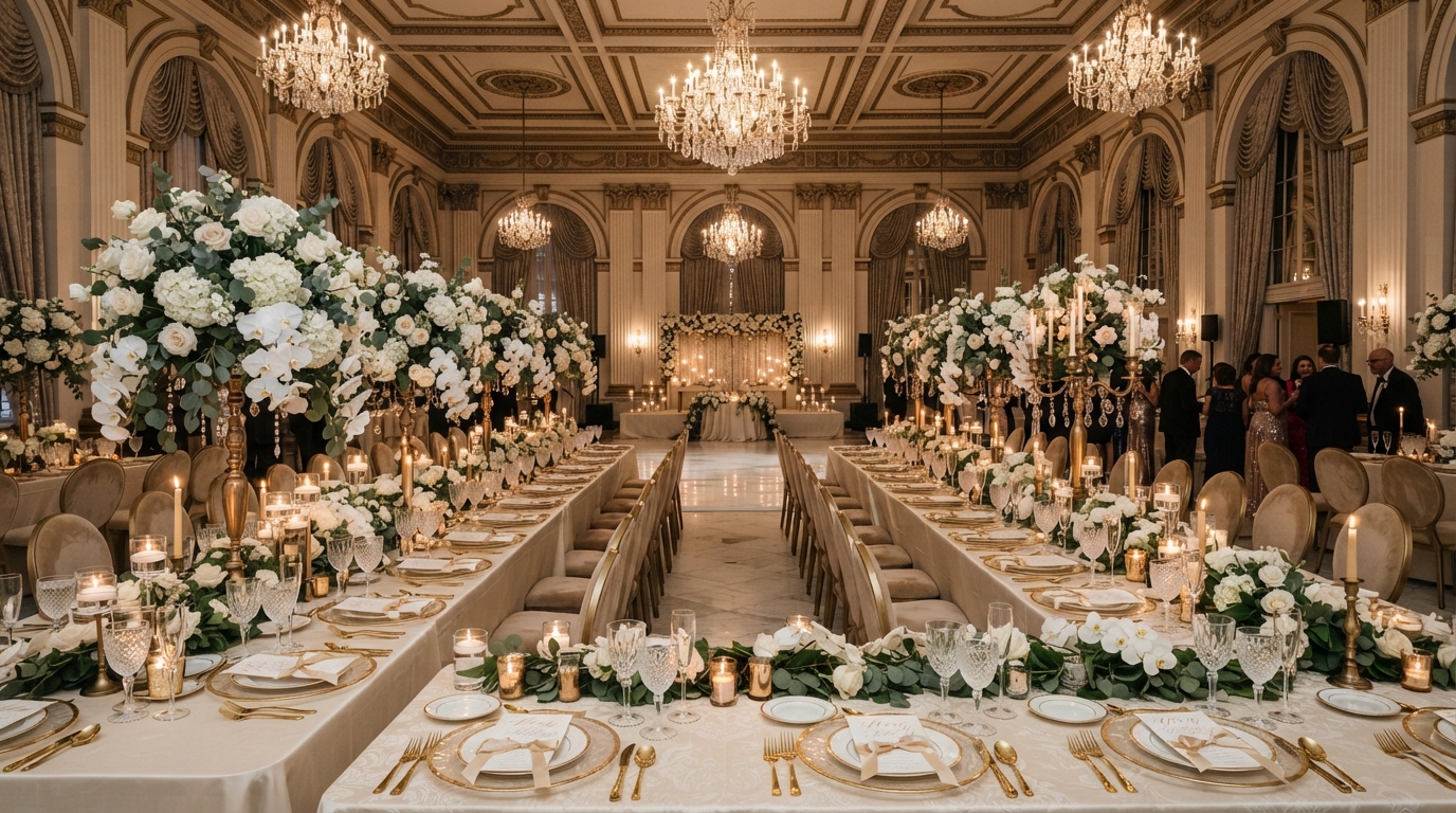 Dramatic black and gold luxury event coordinated by Luxury Group FF Corp