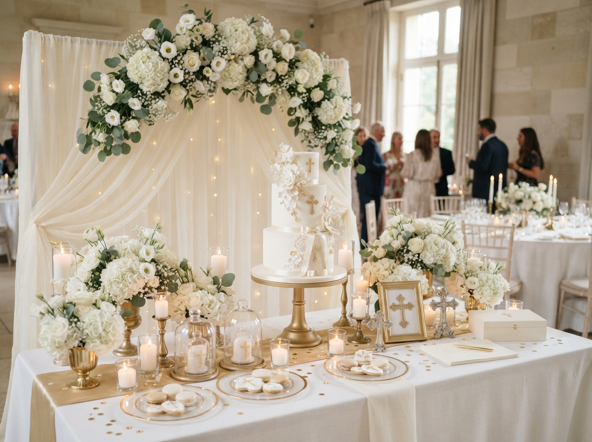 Elegant baptism celebration setup with soft white and gold decorations by Luxury Group FF Corp