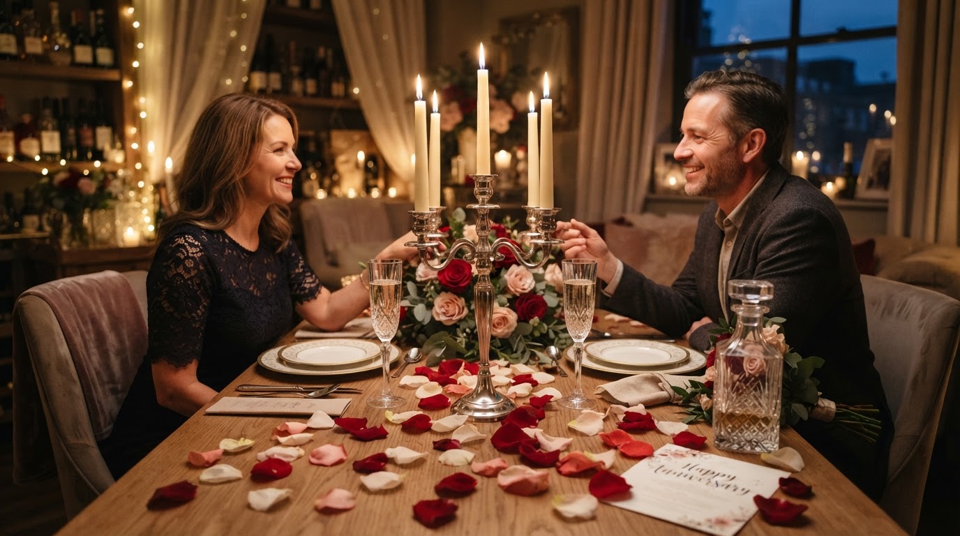 Anniversary celebration with romantic floral styling and warm candlelight by Luxury Group FF Corp