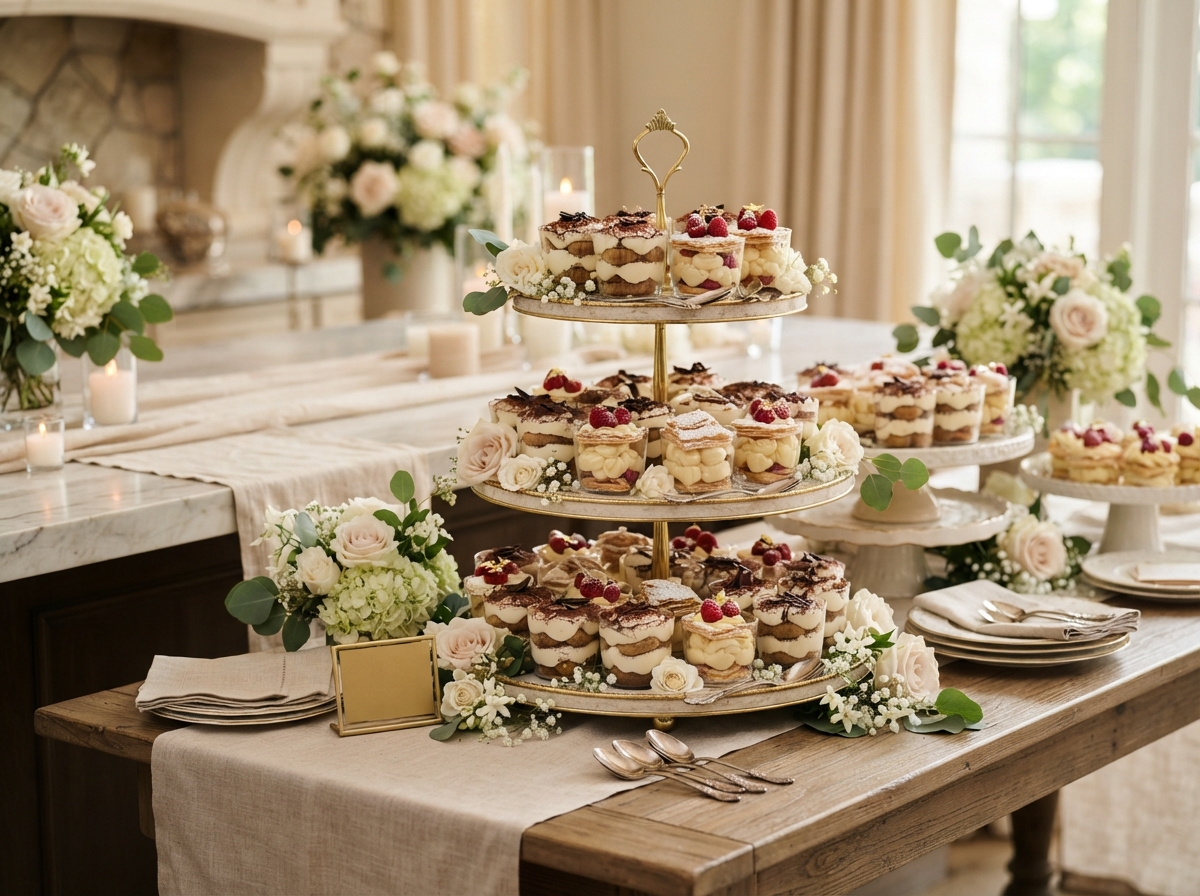 Beautiful dessert table display with Tiramisu, Napoléon, and pastries