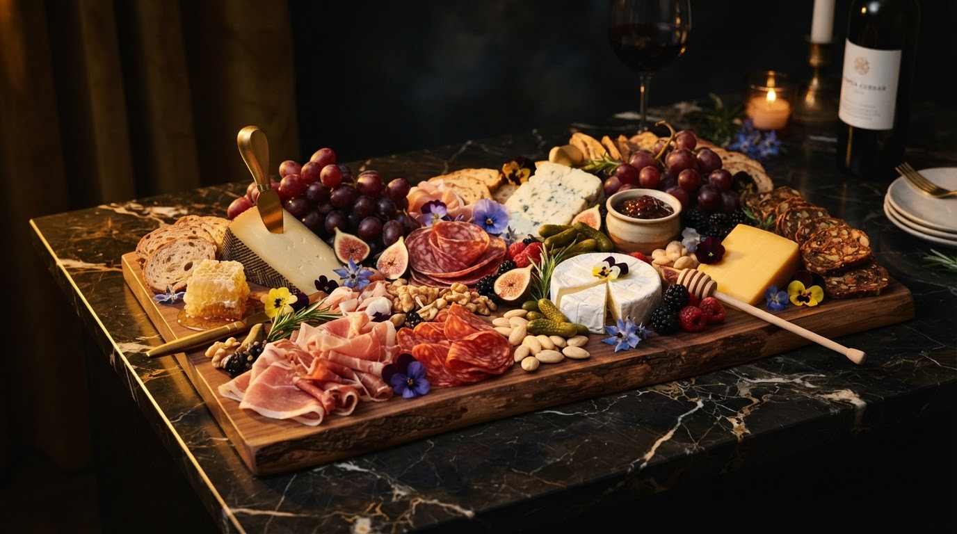 Premium charcuterie board with artisan cheeses, cured meats, fresh fruits, and elegant accompaniments for a DFW celebration