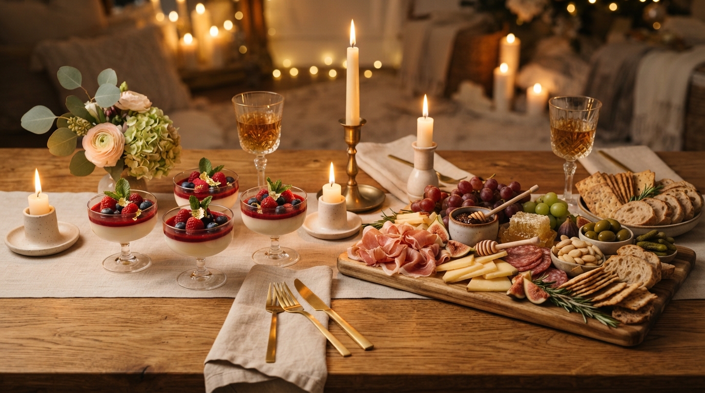 Elegant grazing table with premium charcuterie and desserts styled for a celebration