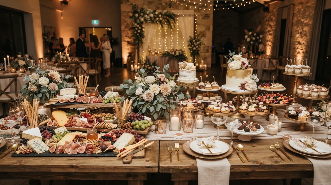 Elegant grazing table with premium charcuterie and desserts styled for a celebration