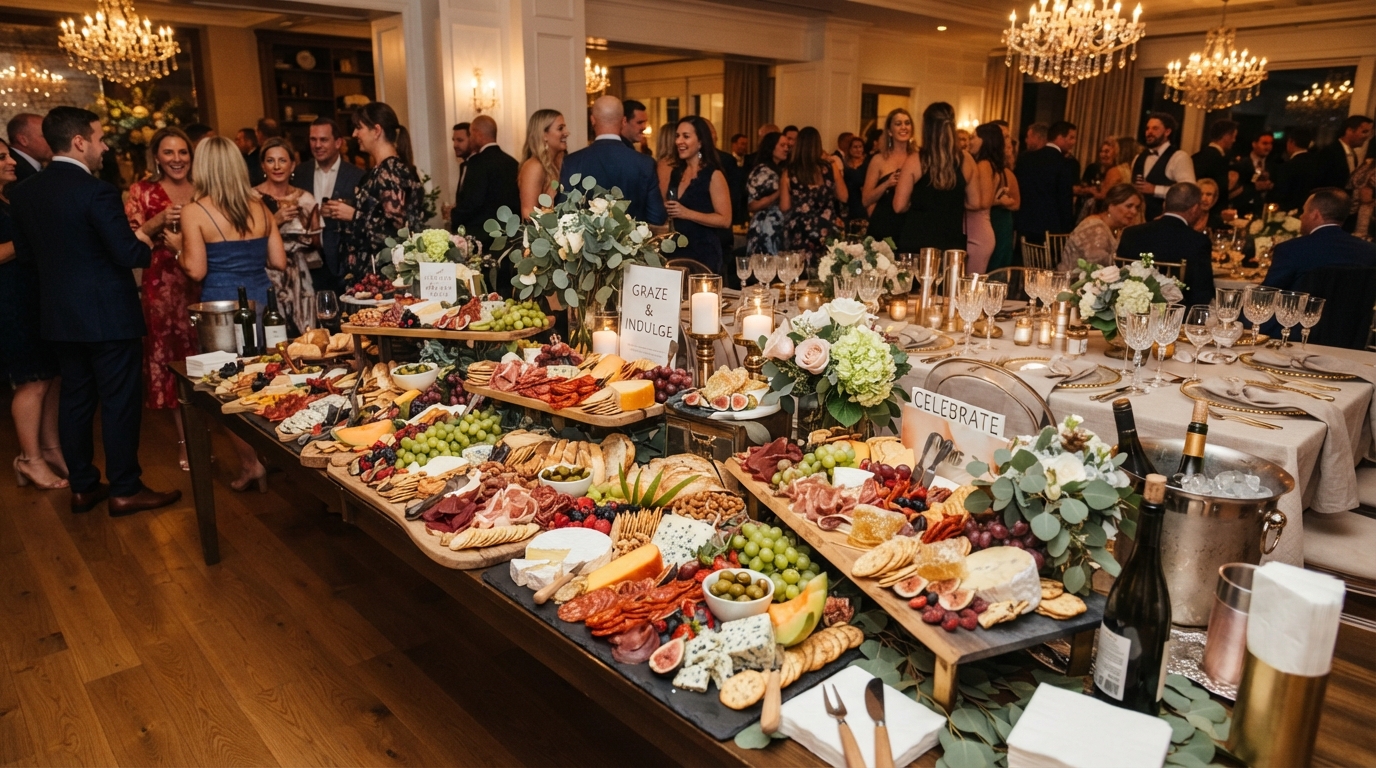 Luxury event grazing table with charcuterie and desserts elegantly arranged