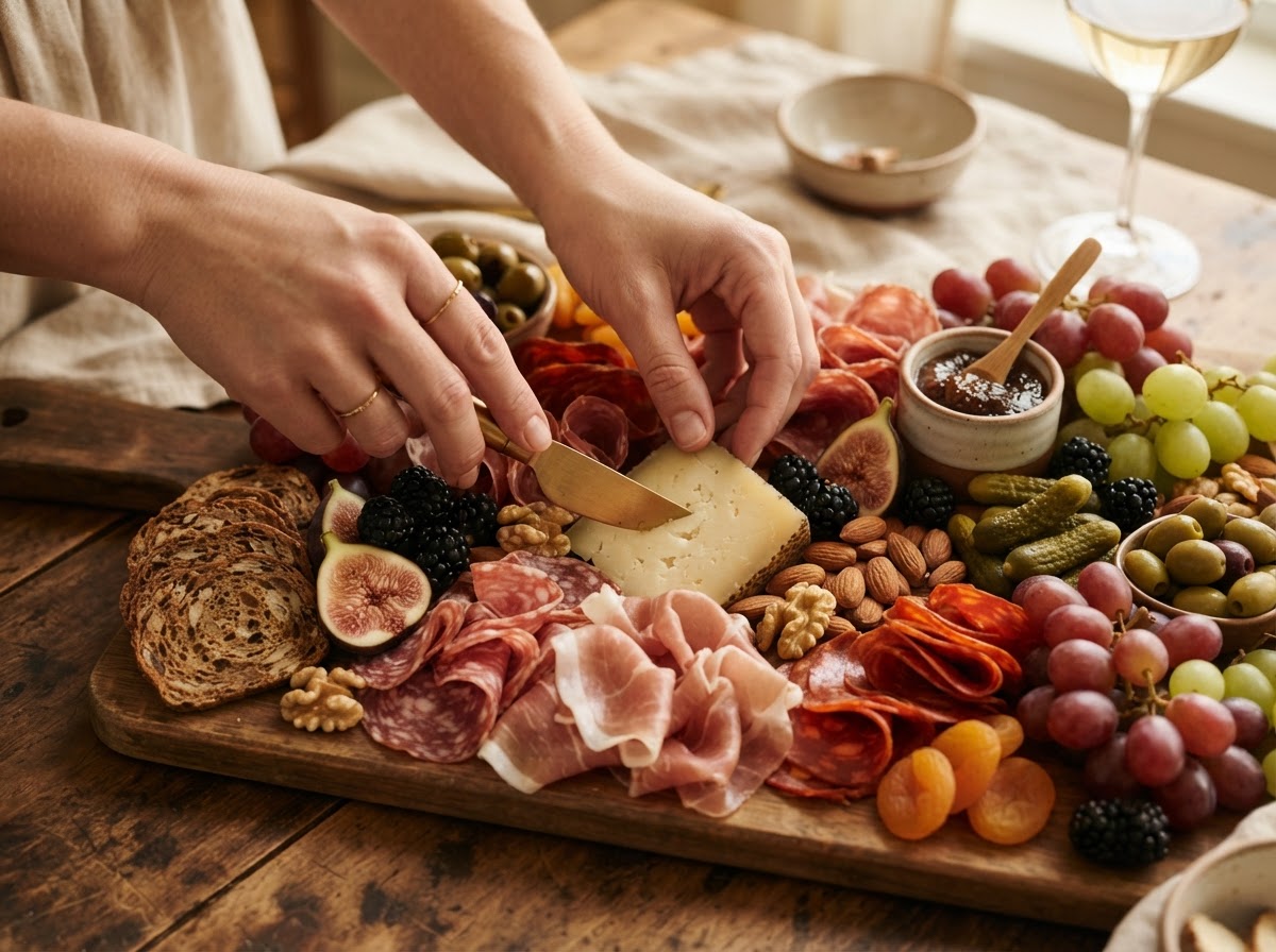 Artisan hands crafting premium charcuterie with fresh ingredients