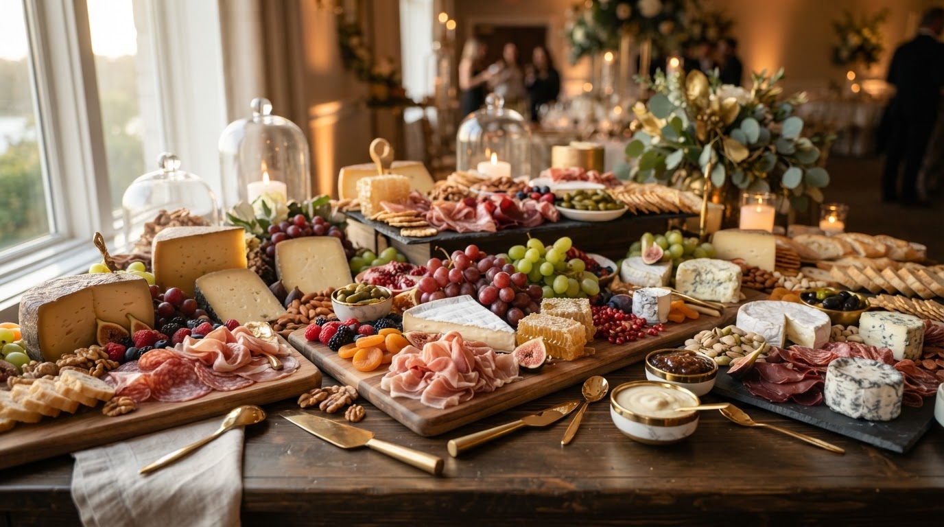 Luxury event setup featuring both charcuterie and dessert presentations