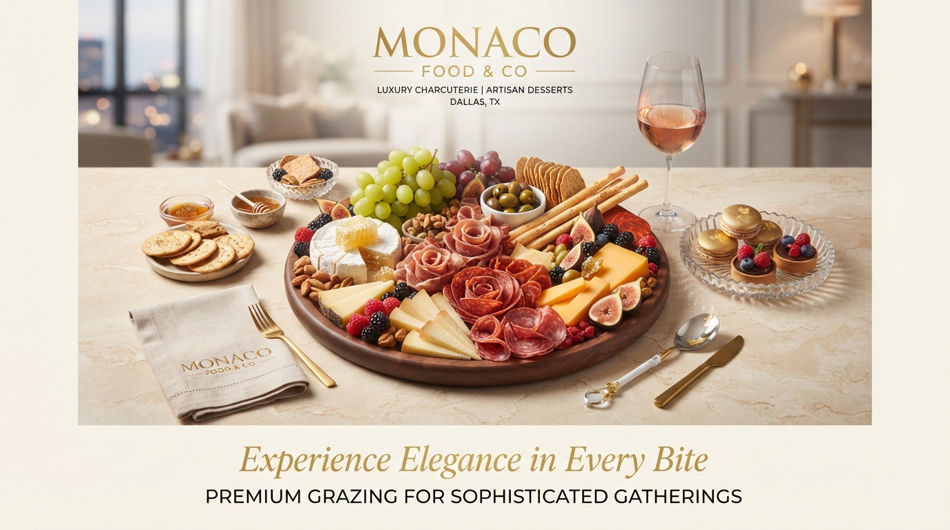 Elegant wedding charcuterie and dessert table by Monaco Food & Co in Dallas–Fort Worth