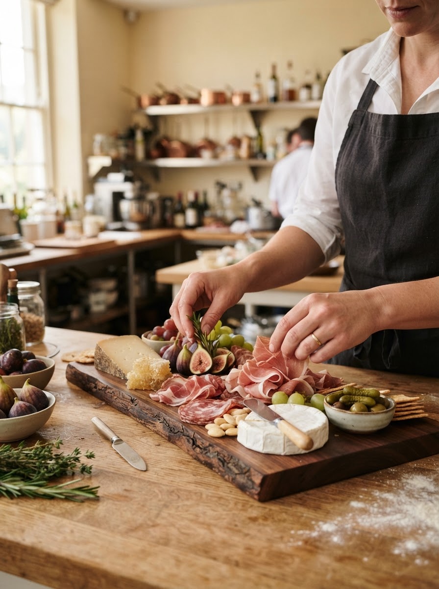 Artisan hands crafting a charcuterie board with fresh ingredients