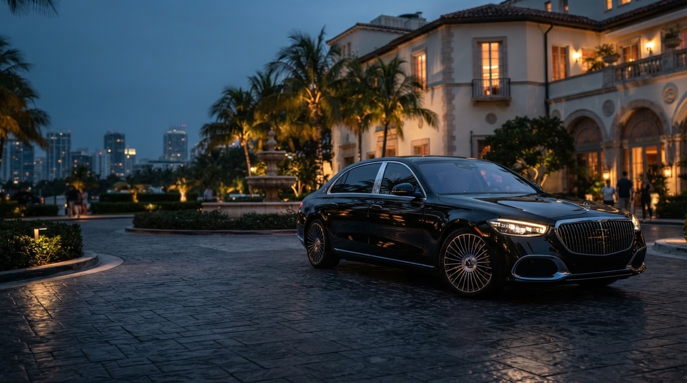 Premium black luxury sedan showcasing professional mobile auto detailing results in Miami