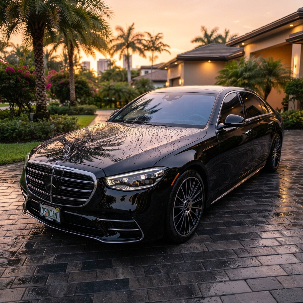 Luxury black sedan with flawless glossy finish and water beading after mobile detailing in Miami