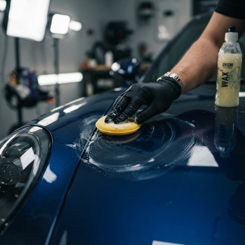 Detailer applying premium wax to luxury car paint with microfiber applicator