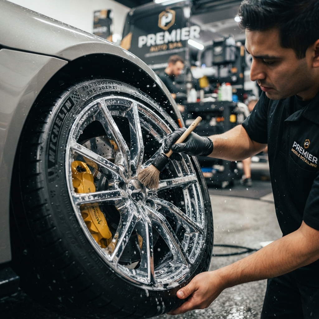 Detailer cleaning luxury car chrome wheels and tires with a brush