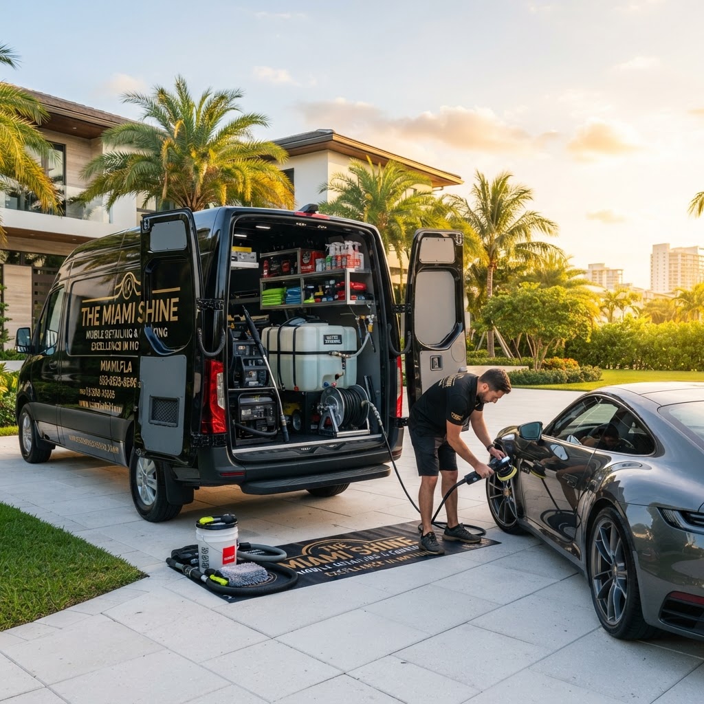 Mobile detailing van setup with professional equipment at a Miami residential location