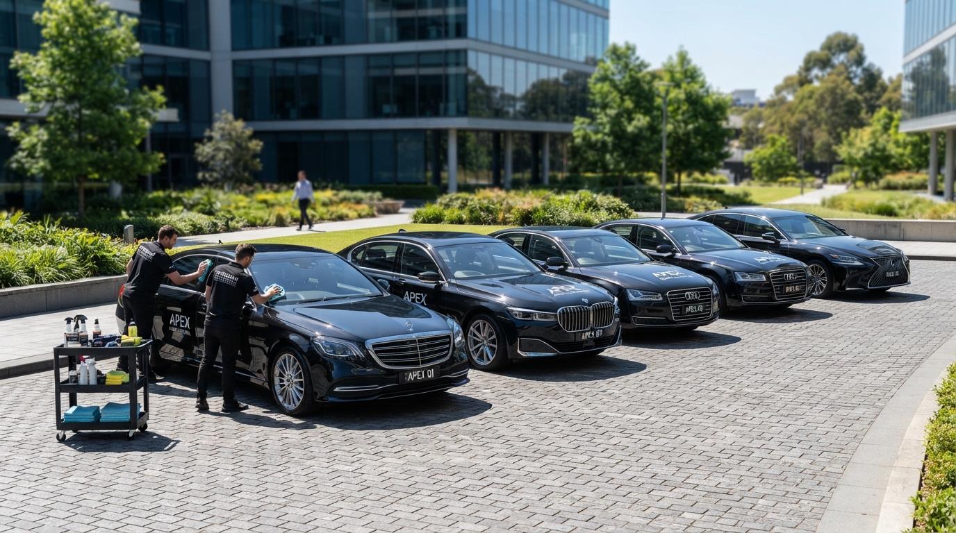 Row of professionally detailed corporate fleet vehicles ready for business