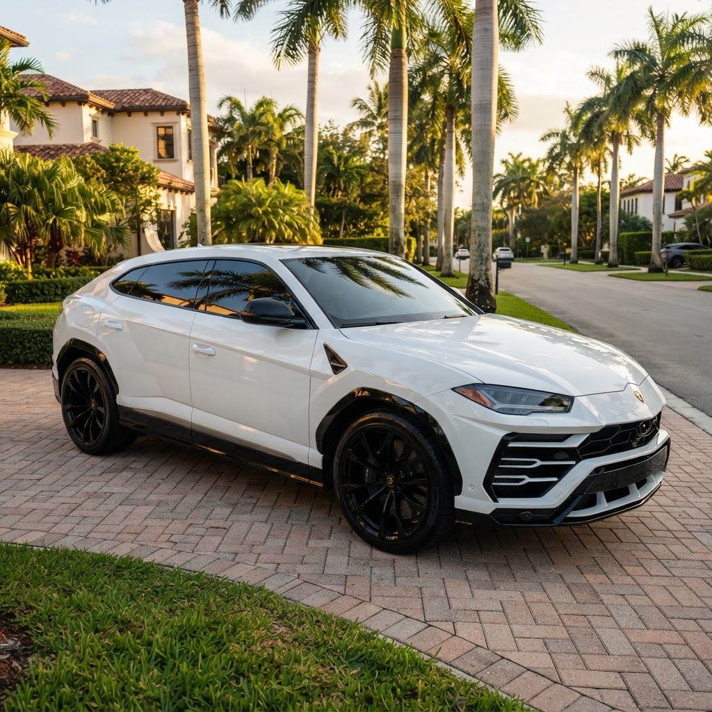 White luxury SUV with mirror-like ceramic coating finish reflecting palm trees in Miami