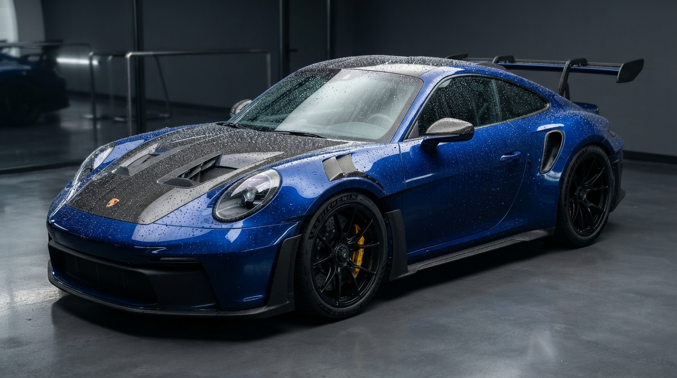 Luxury car with perfect glossy finish after professional ceramic coating application showing water beading