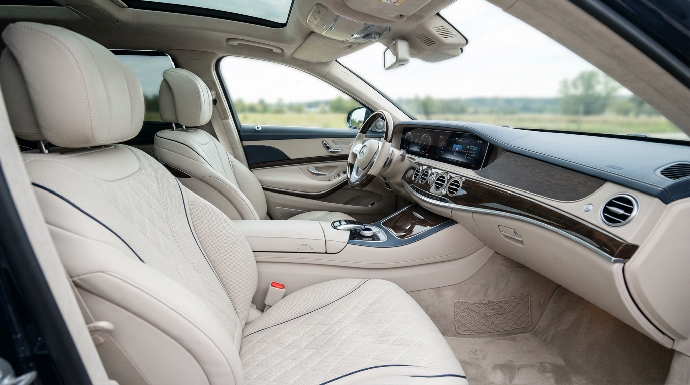 Luxury car interior after professional detailing showing clean leather seats