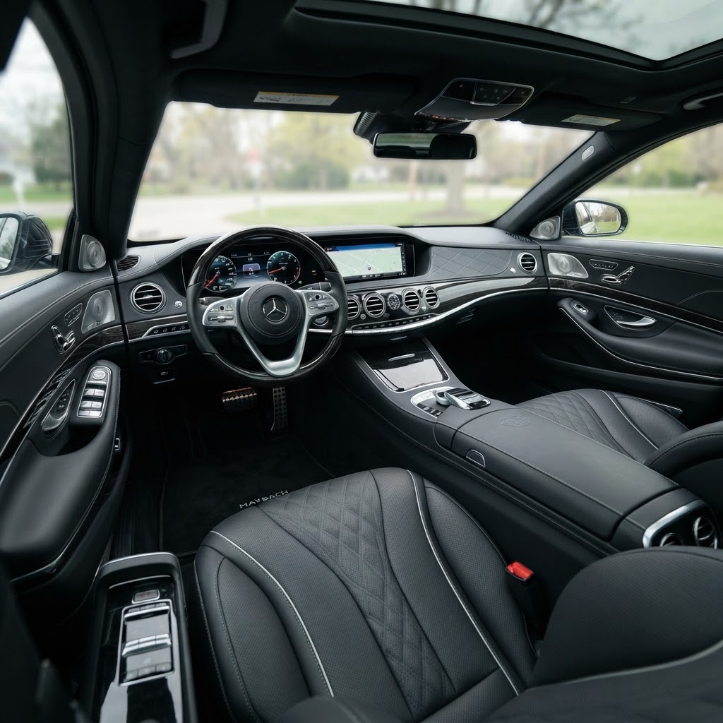 Pristine luxury car interior with clean black leather seats after professional detailing