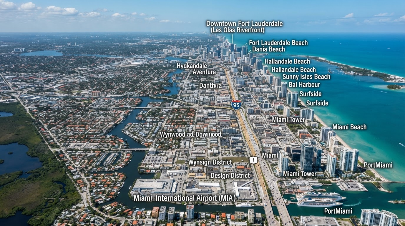 Map showing service area coverage across Miami-Dade and Broward Counties in South Florida