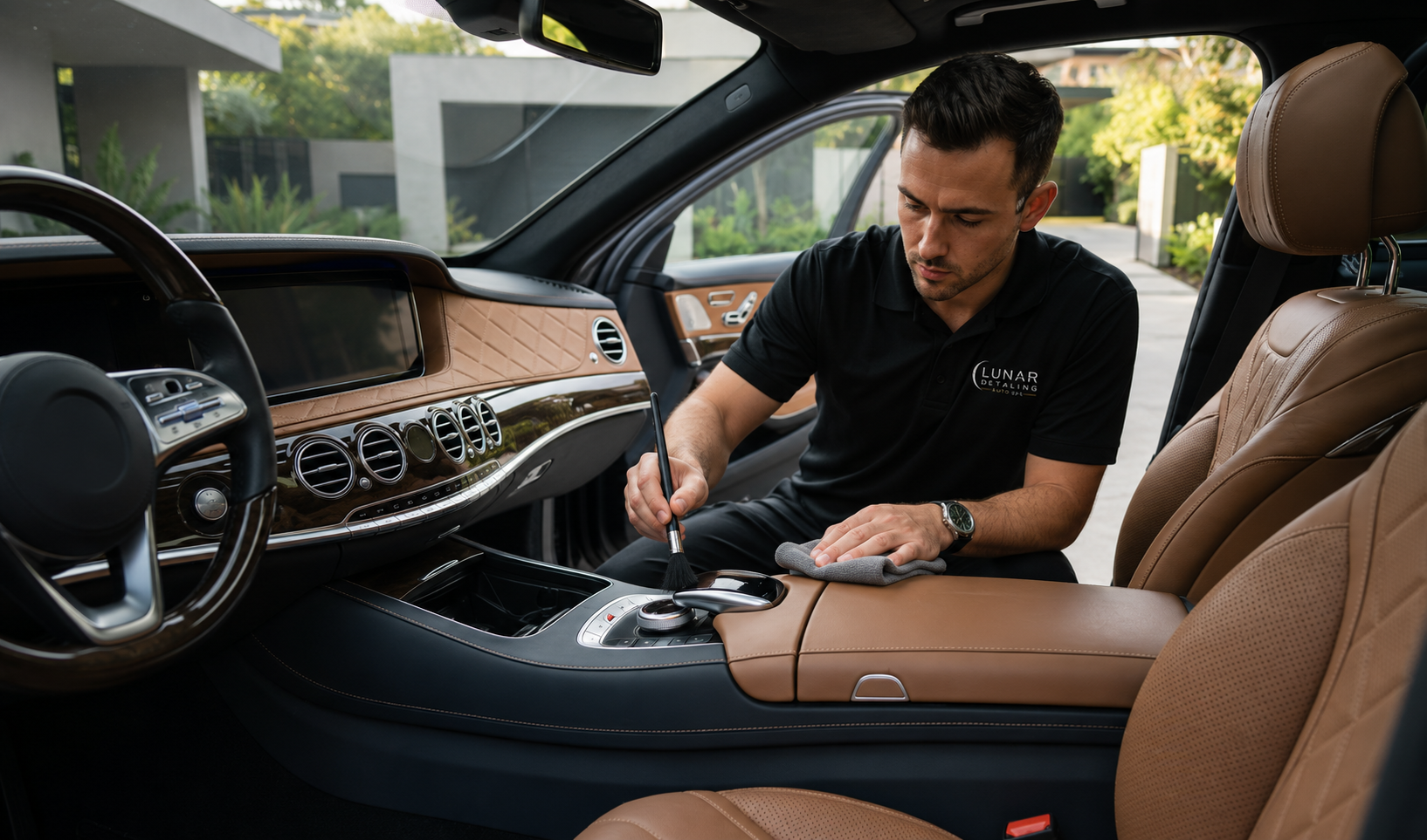 Lunar Detailing Auto Spa professional detailing a luxury vehicle interior in Miami