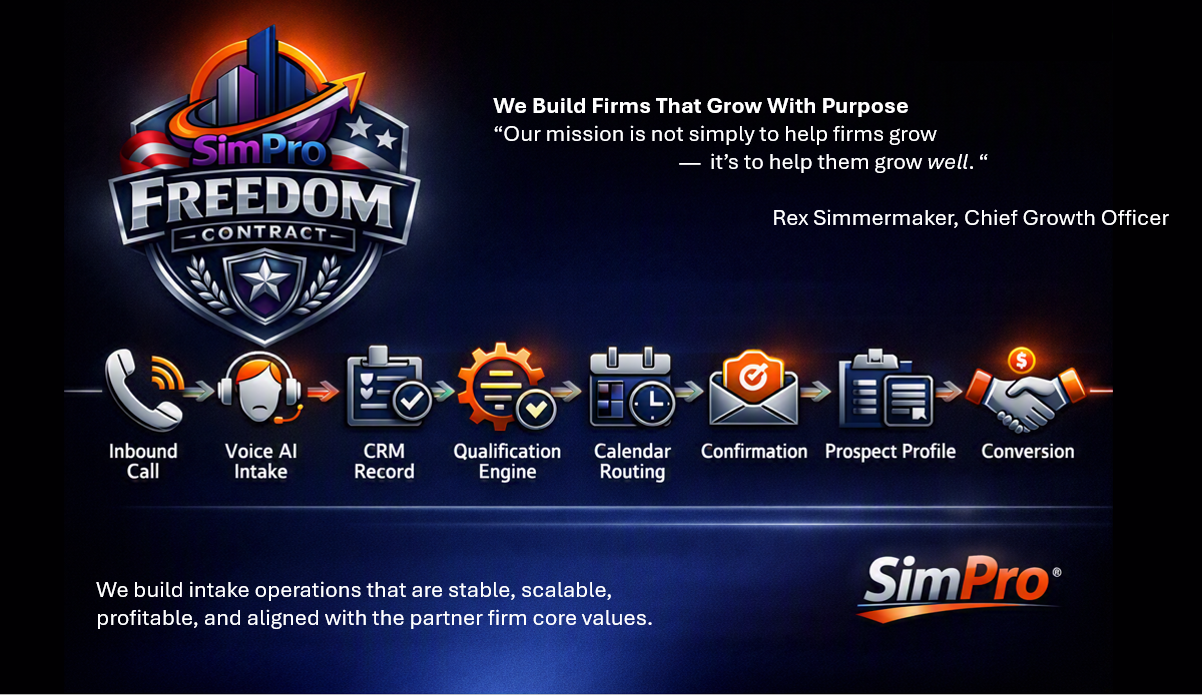 SimPro Freedom Contract — We Build Firms That Grow With Purpose: Inbound Call, Voice AI Intake, CRM Record, Qualification Engine, Calendar Routing, Confirmation, Prospect Profile, Conversion