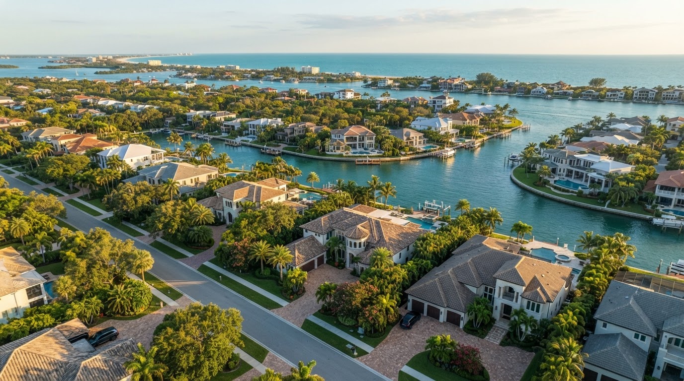Aerial view of a Sarasota and Southwest Florida neighborhood with custom paver driveways and pool decks