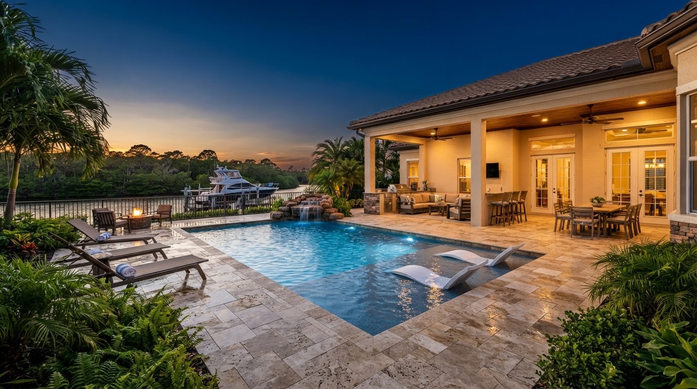 Luxury Florida paver pool deck at golden hour — Preferred Pools And Pavers LLC