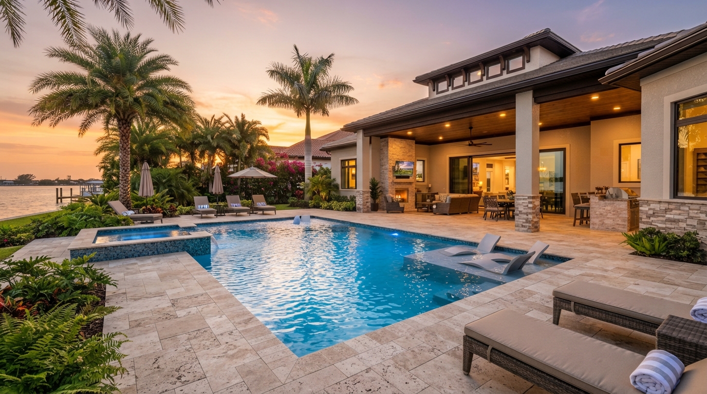 Luxury pool deck with travertine pavers in Sarasota, FL