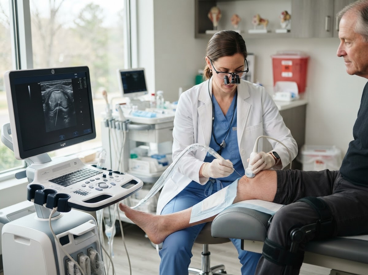 Physician performing image-guided ultrasound injection with precise needle placement