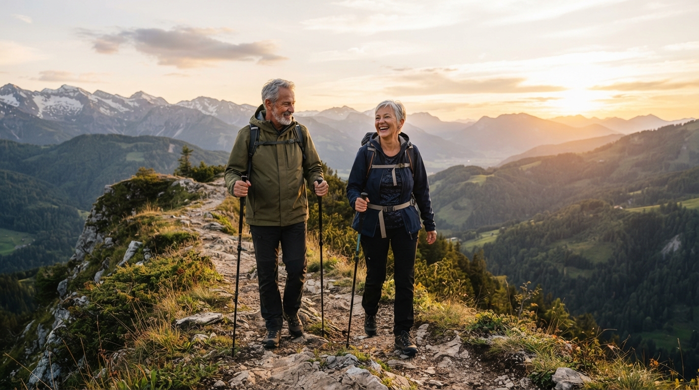 Active senior couple hiking together, representing return to the life you love