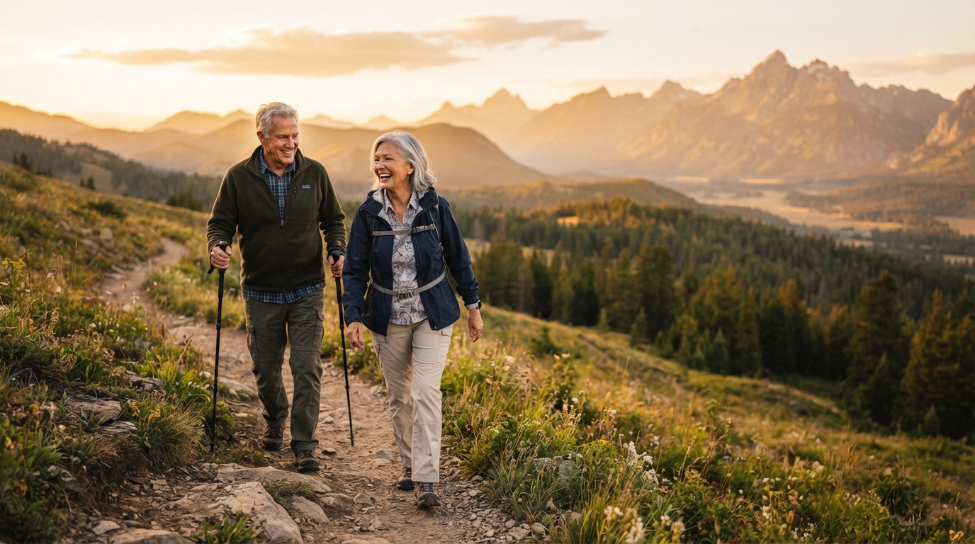 Active couple hiking freely, representing return to life after treatment