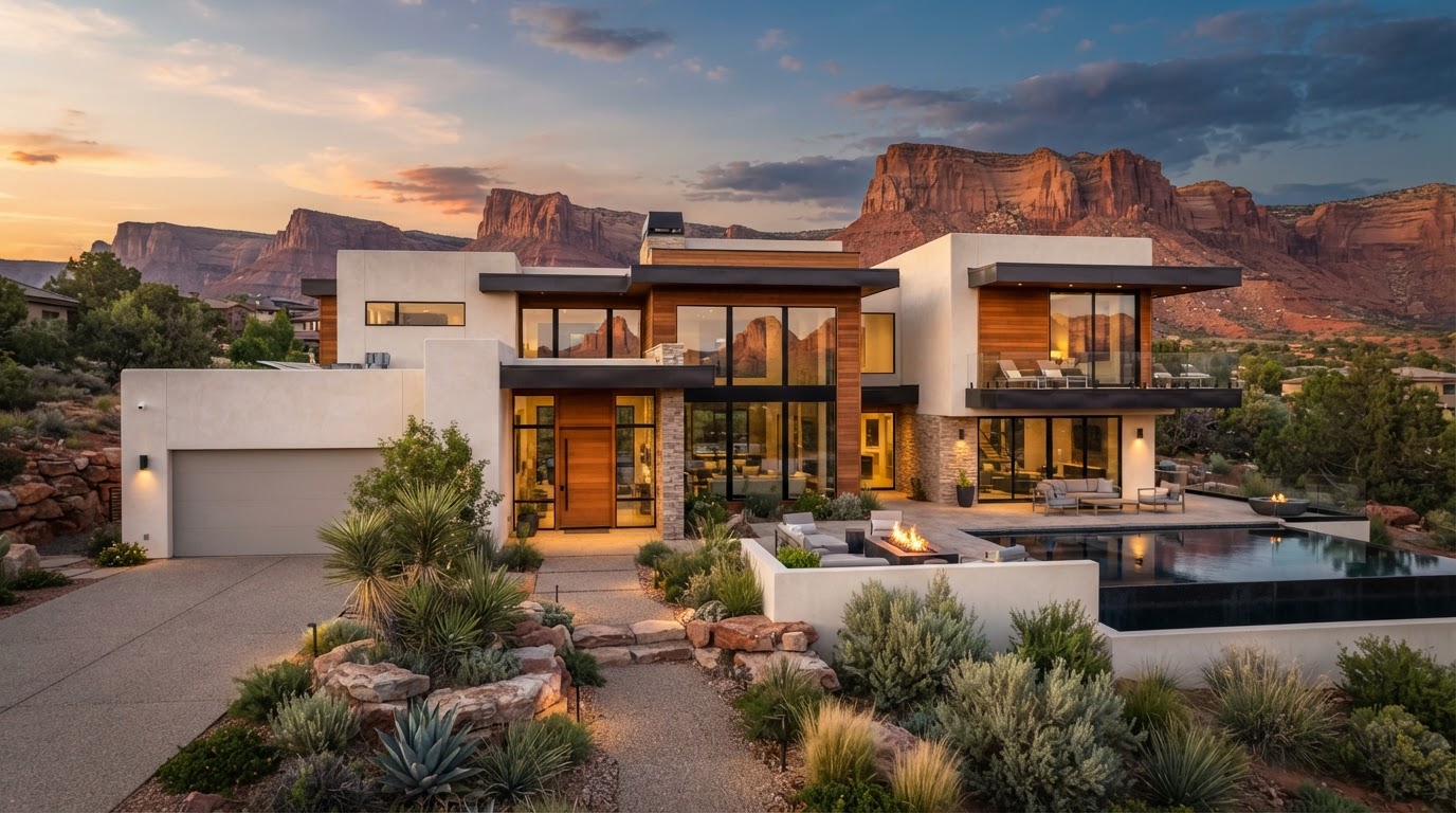 Beautifully painted luxury home in Southern Utah at golden hour