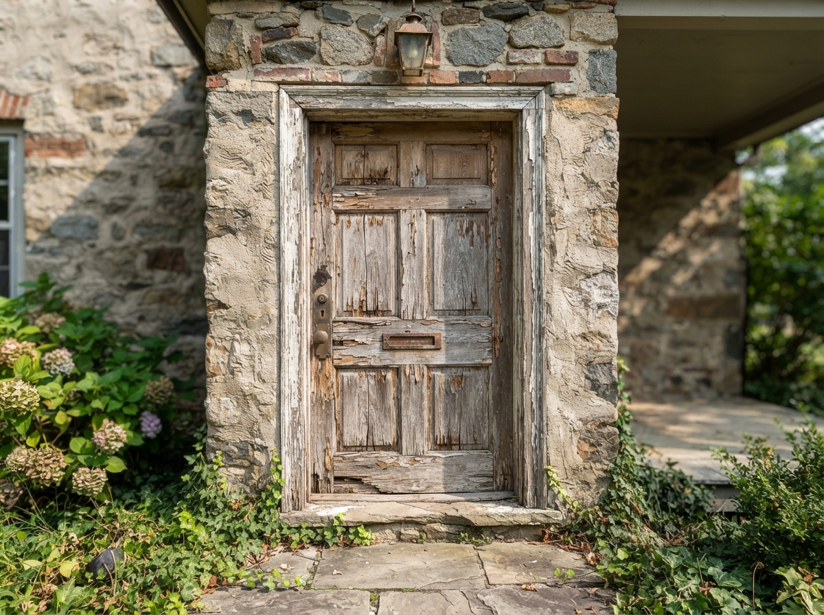 Front entry door before and after refinishing in Southern Utah — before